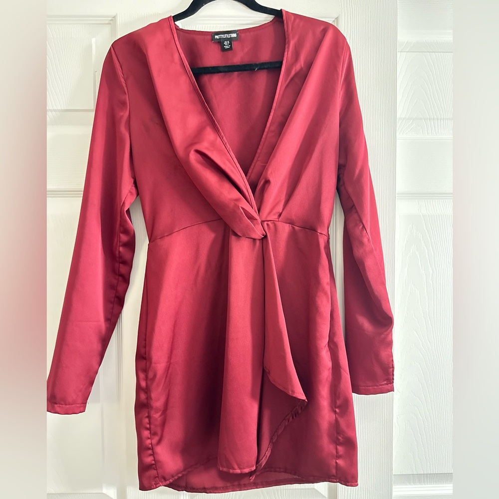 PrettyLittleThing Burgundy Satin Long Sleeve Wrap Dress